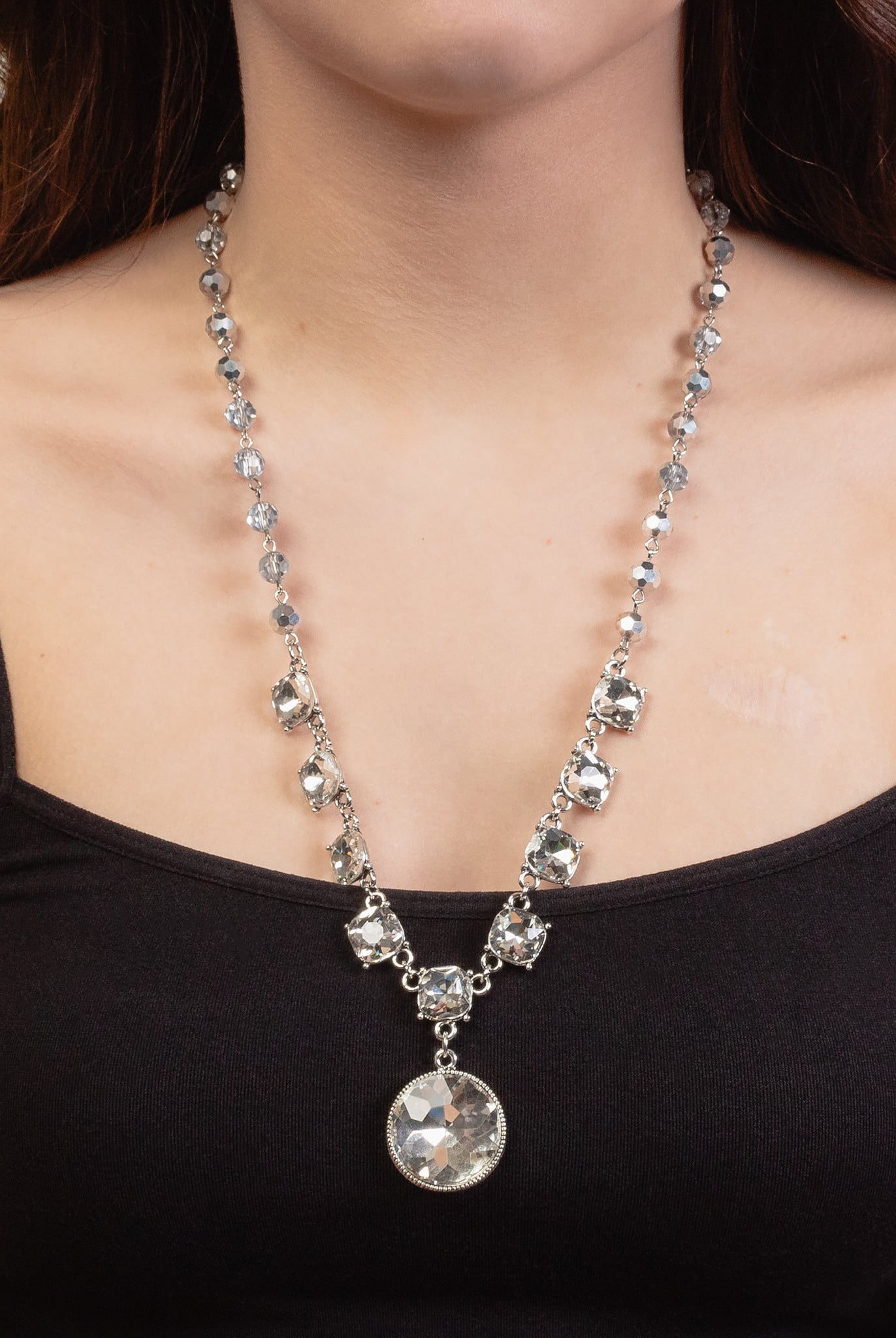 Clear Crystal Beaded Statement Necklace with Round Faceted Pendant-Necklaces-Deja Nu Tx-Deja Nu Boutique, Women's Fashion Boutique in Lampasas, Texas