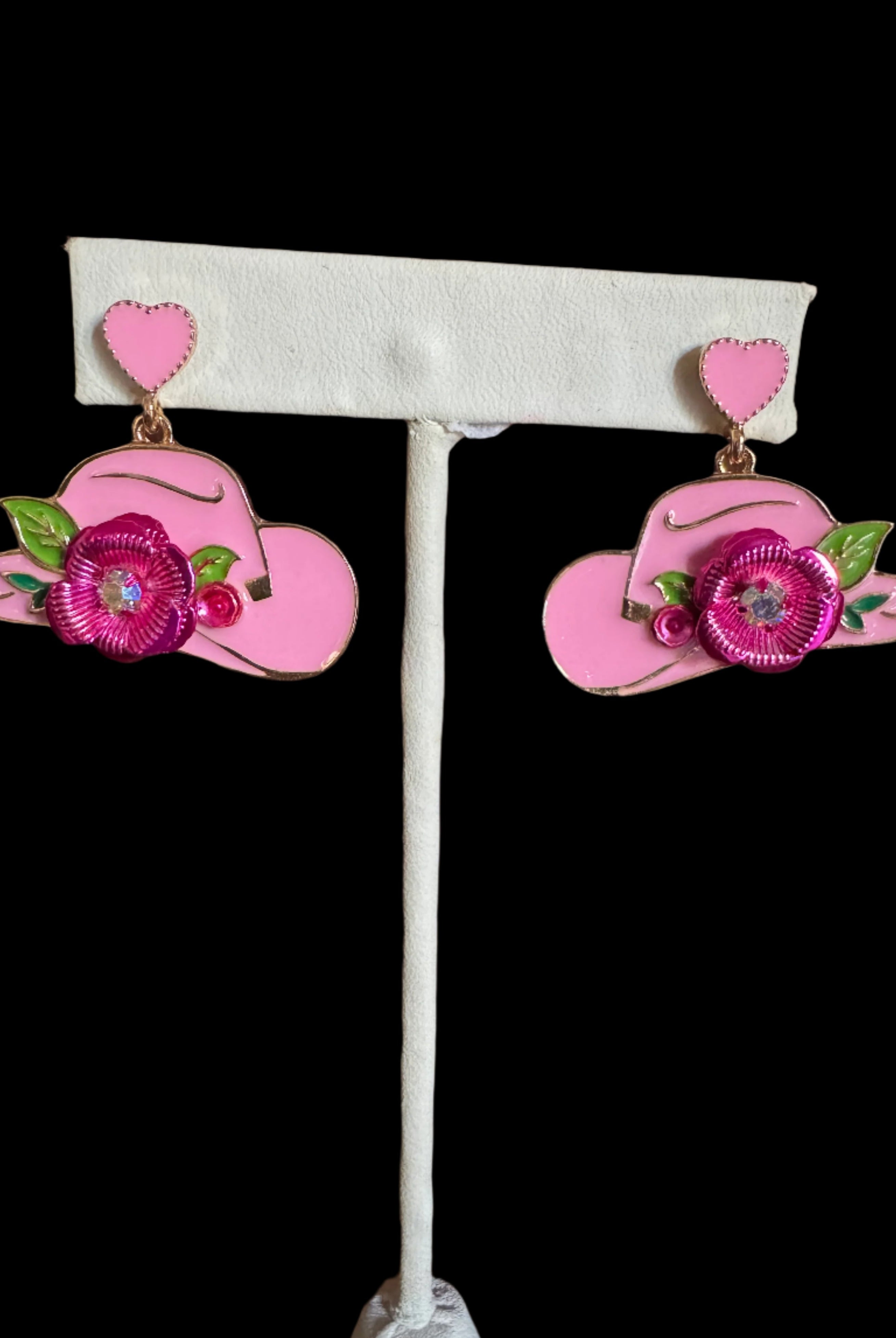 Cowgirl Hat Earrings with Floral Accent – Pink or White Enamel-Earrings-Deja Nu Tx-Deja Nu Boutique, Women's Fashion Boutique in Lampasas, Texas