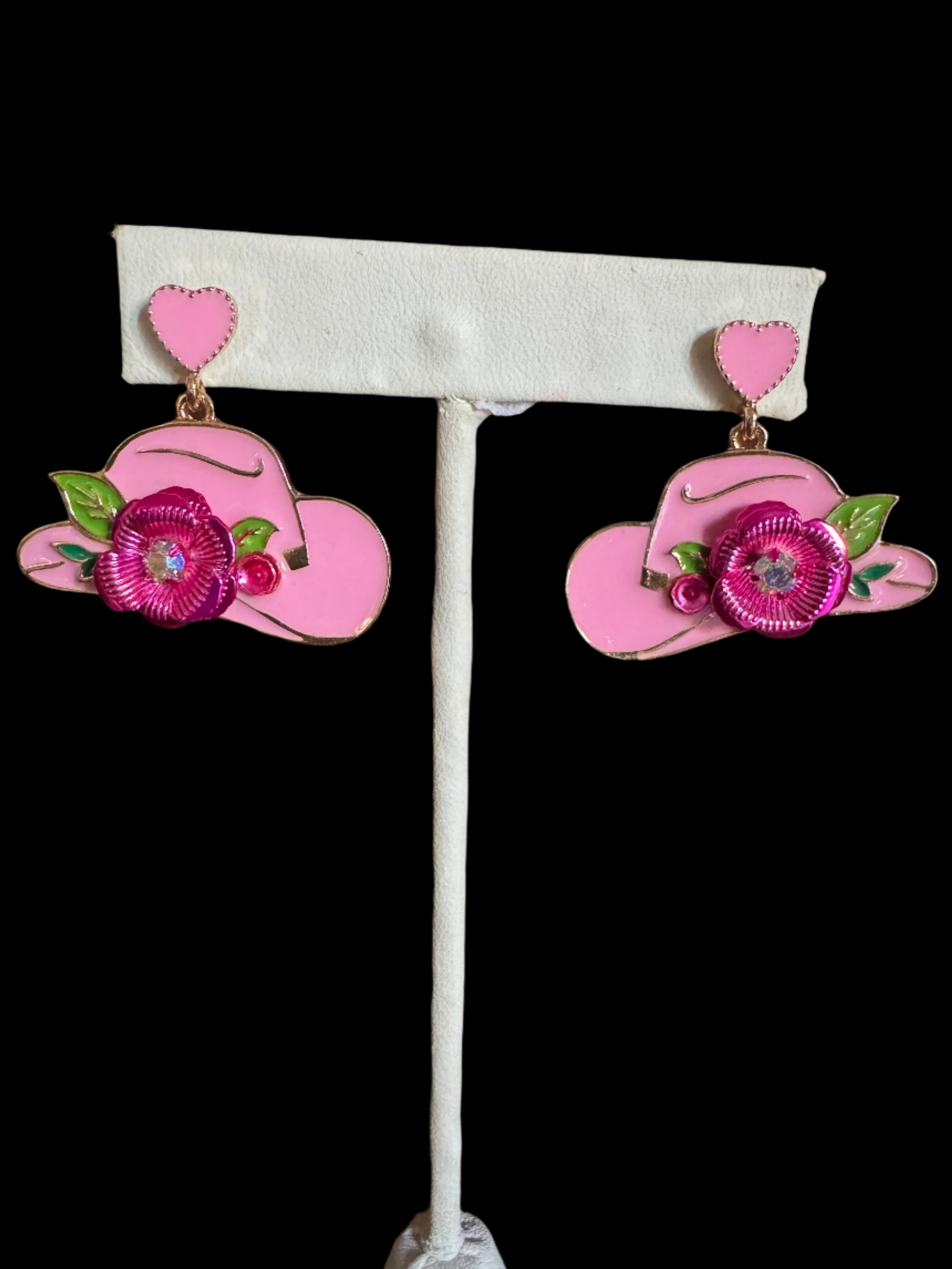 Cowgirl Hat Earrings with Floral Accent – Pink or White Enamel-Earrings-Deja Nu Tx-Deja Nu Boutique, Women's Fashion Boutique in Lampasas, Texas