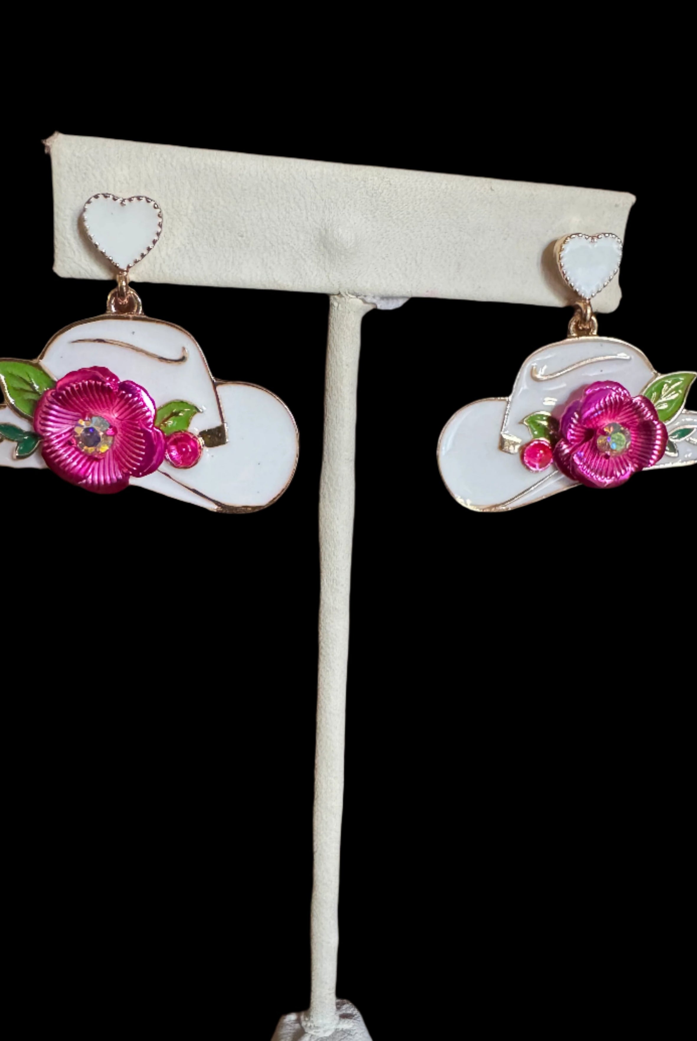 Cowgirl Hat Earrings with Floral Accent – Pink or White Enamel-Earrings-Deja Nu Tx-Deja Nu Boutique, Women's Fashion Boutique in Lampasas, Texas