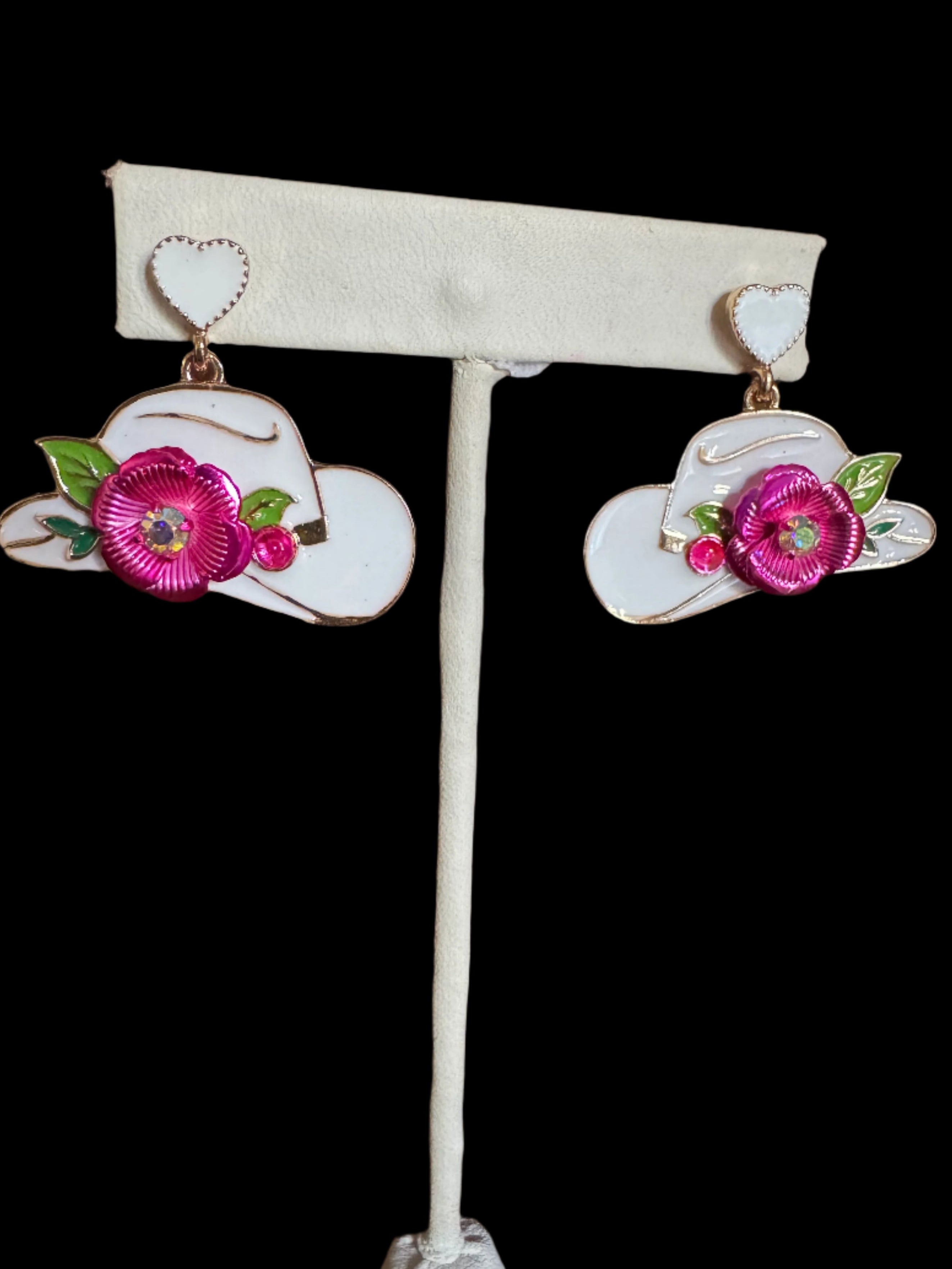 Cowgirl Hat Earrings with Floral Accent – Pink or White Enamel-Earrings-Deja Nu Tx-Deja Nu Boutique, Women's Fashion Boutique in Lampasas, Texas