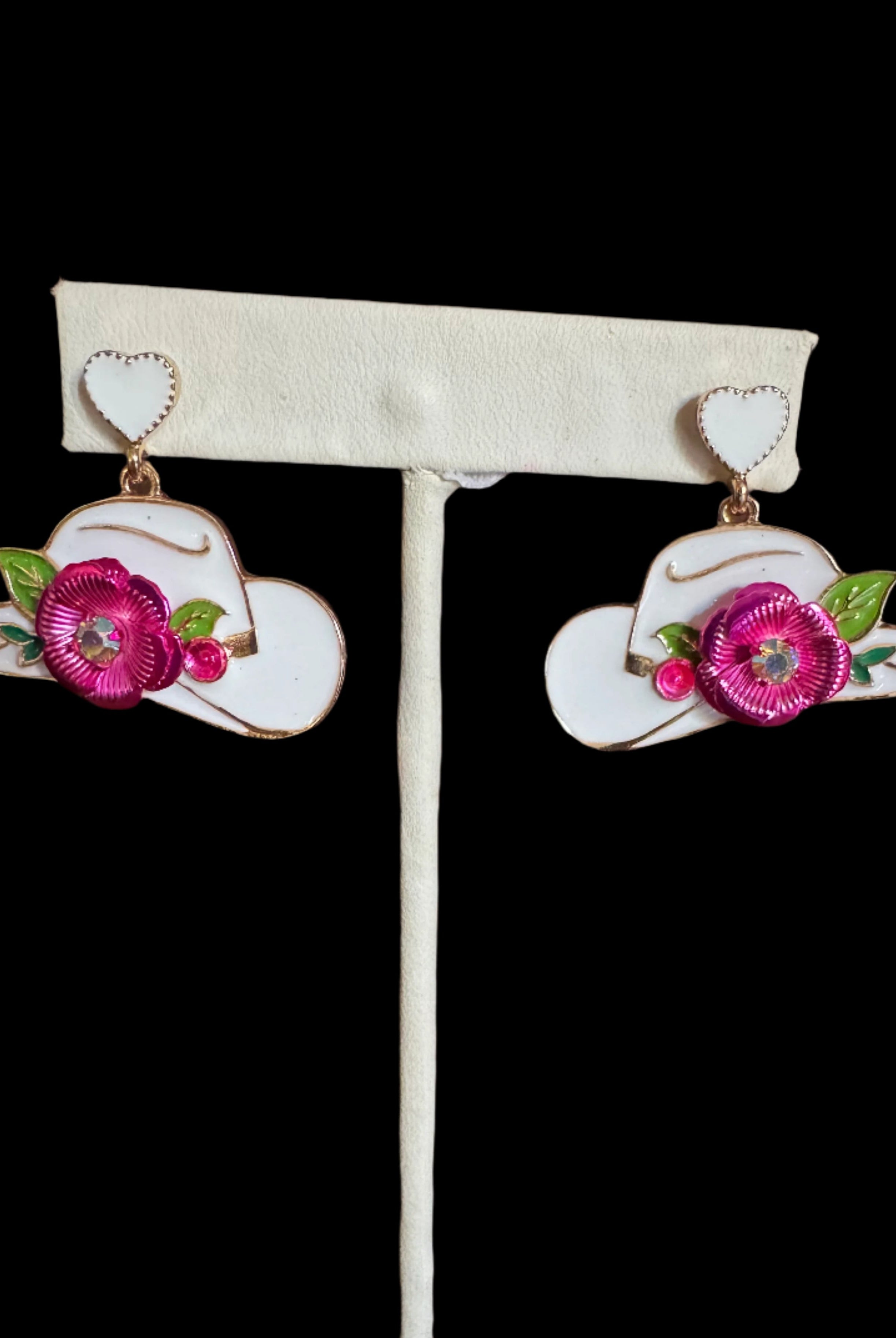 Cowgirl Hat Earrings with Floral Accent – Pink or White Enamel-Earrings-Deja Nu Tx-Deja Nu Boutique, Women's Fashion Boutique in Lampasas, Texas