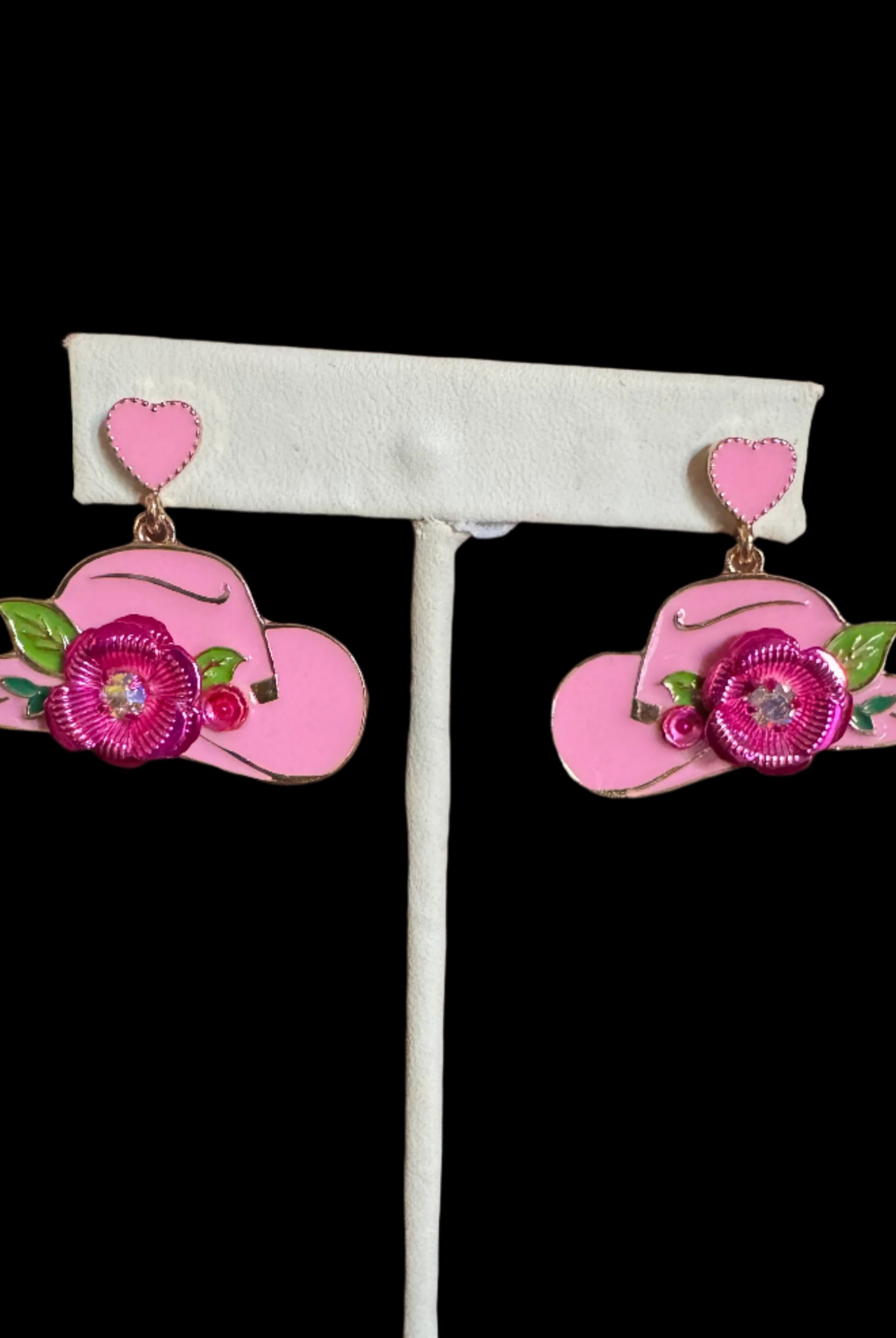 Cowgirl Hat Earrings with Floral Accent – Pink or White Enamel-Earrings-Deja Nu Tx-Deja Nu Boutique, Women's Fashion Boutique in Lampasas, Texas