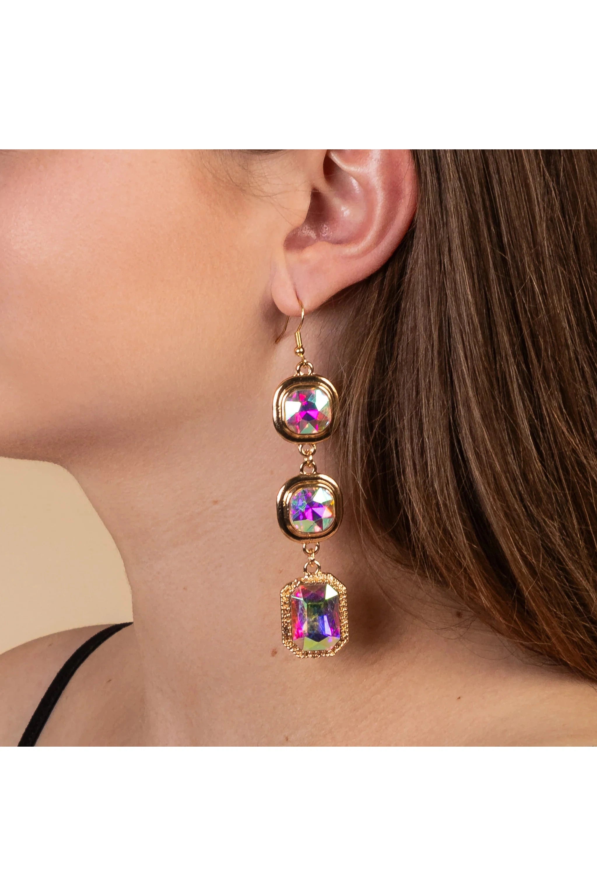 Dazzle In High Glamour Gold AB Cushion Crystal Drop Earrings-Earrings-Deja Nu-Deja Nu Boutique, Women's Fashion Boutique in Lampasas, Texas