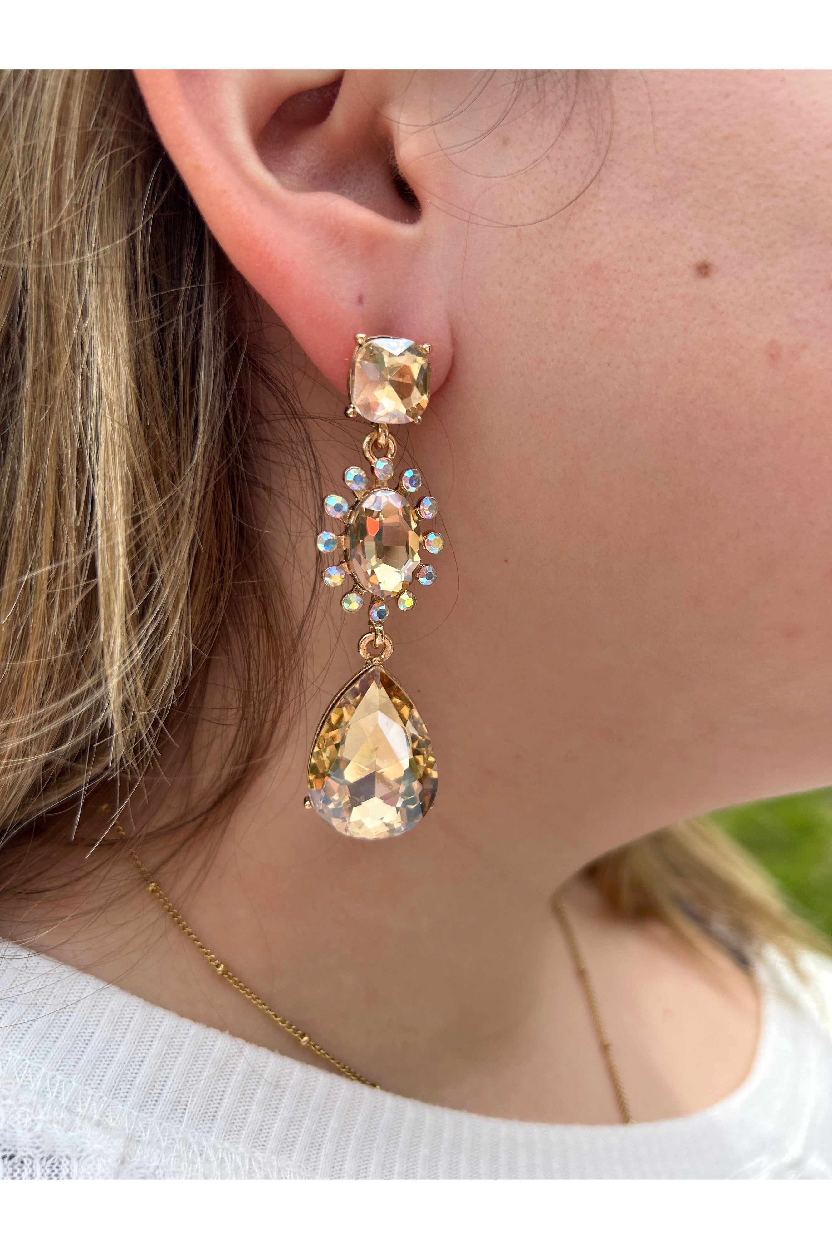 Dazzling Opulence Gold Rhinestone Square Post With Flower Teardrop Evening Charm Earrings-Earrings-Deja Nu-Deja Nu Boutique, Women's Fashion Boutique in Lampasas, Texas