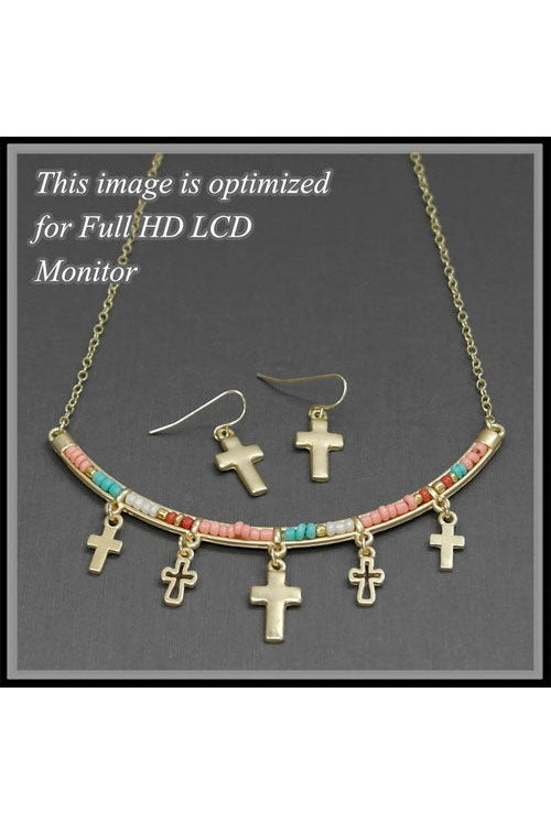 Divine Cross Duo Seed Bead Bar Necklace & Earrings Set-Jewelry Sets-Deja Nu-Deja Nu Boutique, Women's Fashion Boutique in Lampasas, Texas