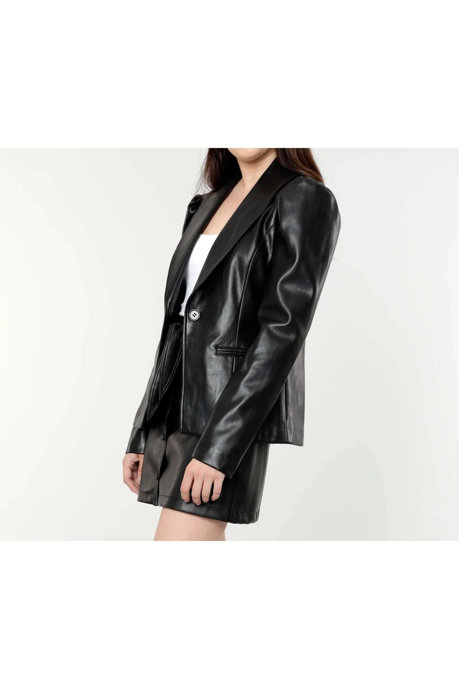 Dolce Cabo Puff Shoulder Vegan Leather Blazer In Black-Outerwear-Dolce Cabo-Deja Nu Boutique, Women's Fashion Boutique in Lampasas, Texas