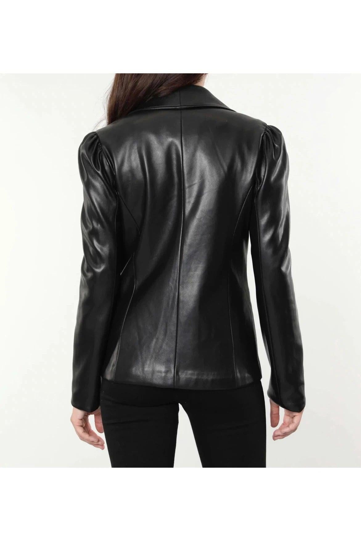 Dolce Cabo Puff Shoulder Vegan Leather Blazer In Black-Outerwear-Dolce Cabo-Deja Nu Boutique, Women's Fashion Boutique in Lampasas, Texas