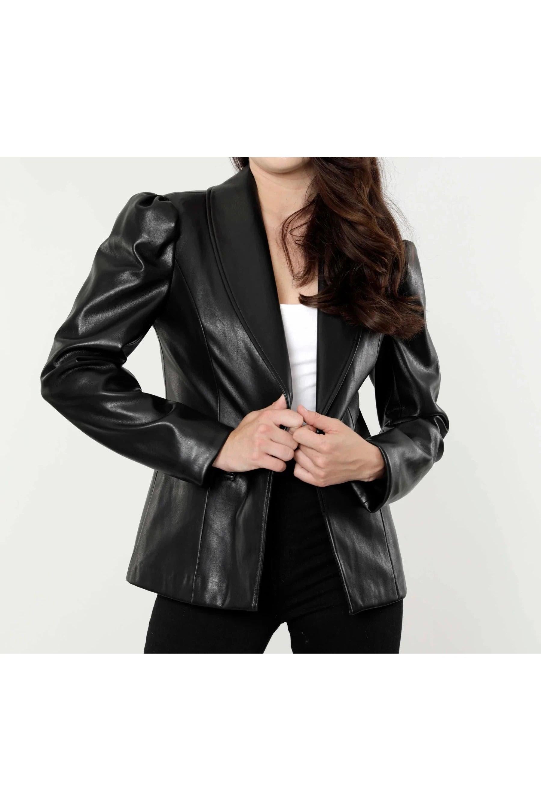 Dolce Cabo Puff Shoulder Vegan Leather Blazer In Black-Outerwear-Dolce Cabo-Deja Nu Boutique, Women's Fashion Boutique in Lampasas, Texas