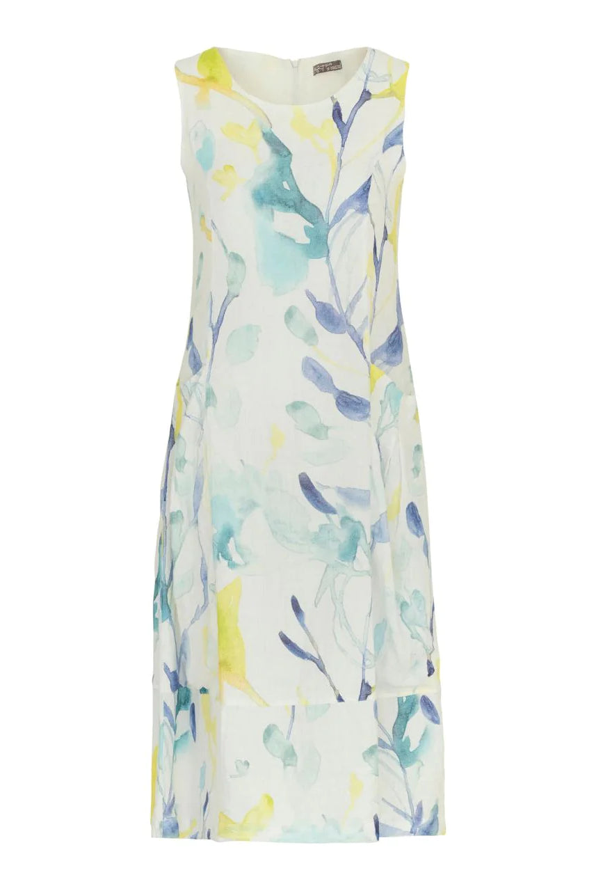 Dolcezza Simply Art “Turquoise Bloom” By Jennifer Goldberg Linen Dress (24634)-Dresses-Dolcezza-Deja Nu Boutique, Women's Fashion Boutique in Lampasas, Texas