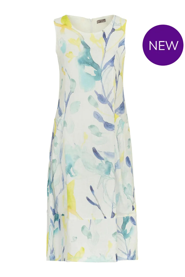 Dolcezza Simply Art “Turquoise Bloom” By Jennifer Goldberg Linen Dress (24634)-Dresses-Dolcezza-Deja Nu Boutique, Women's Fashion Boutique in Lampasas, Texas