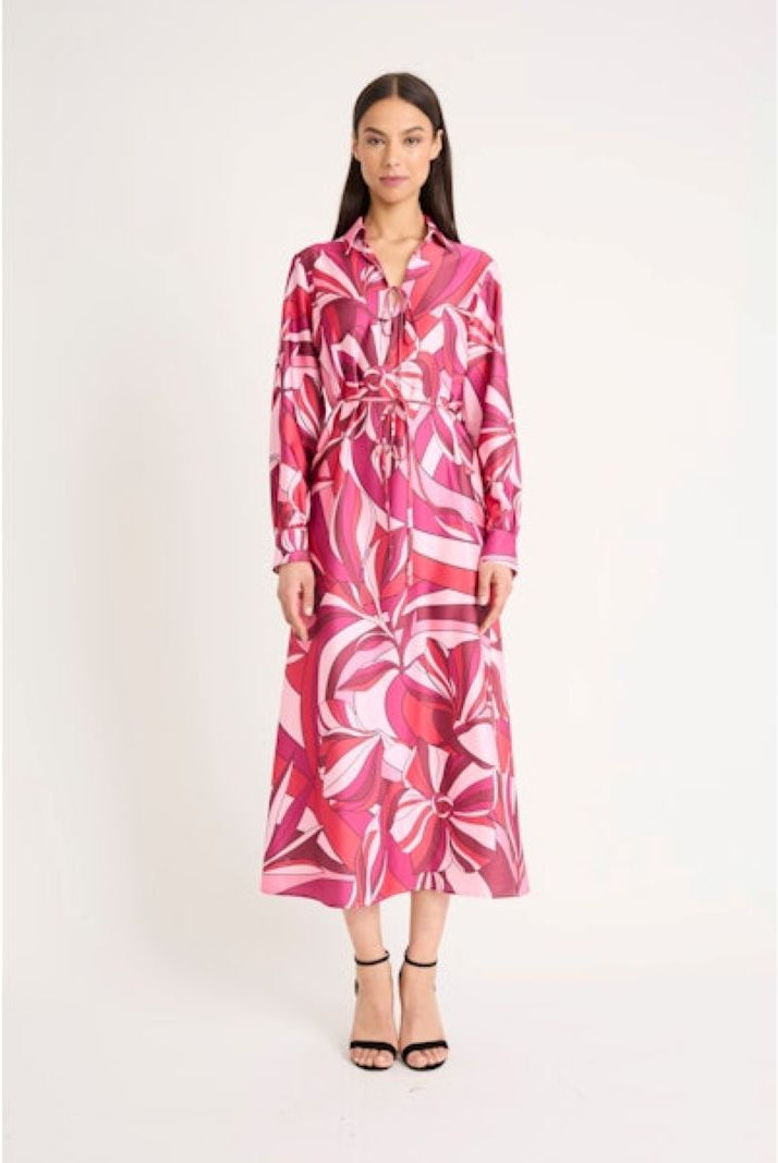 Donna Morgan Long Sleeve Midi Dress in Cherry Blossom Azalea Light Charmeuse-Midi Dresses-Donna Morgan-Deja Nu Boutique, Women's Fashion Boutique in Lampasas, Texas