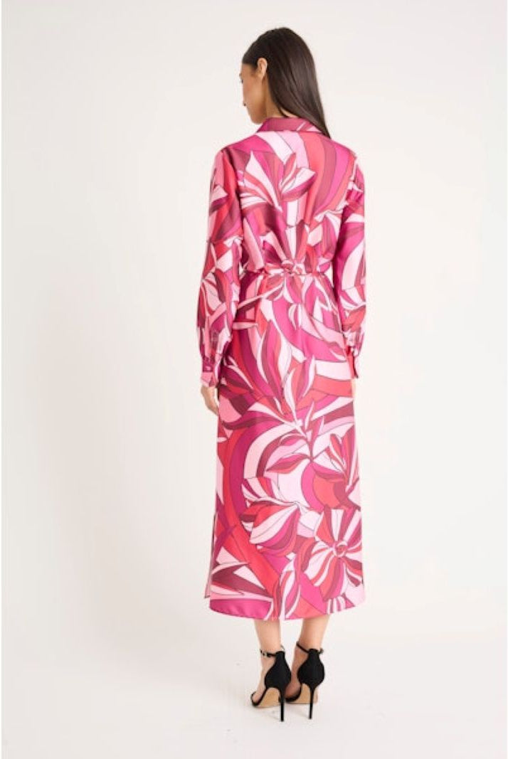 Donna Morgan Long Sleeve Midi Dress in Cherry Blossom Azalea Light Charmeuse-Midi Dresses-Donna Morgan-Deja Nu Boutique, Women's Fashion Boutique in Lampasas, Texas