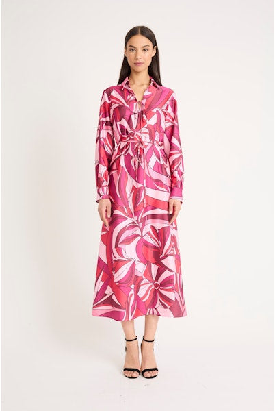 Donna Morgan Long Sleeve Midi Dress in Cherry Blossom Azalea Light Charmeuse-Midi Dresses-Donna Morgan-Deja Nu Boutique, Women's Fashion Boutique in Lampasas, Texas