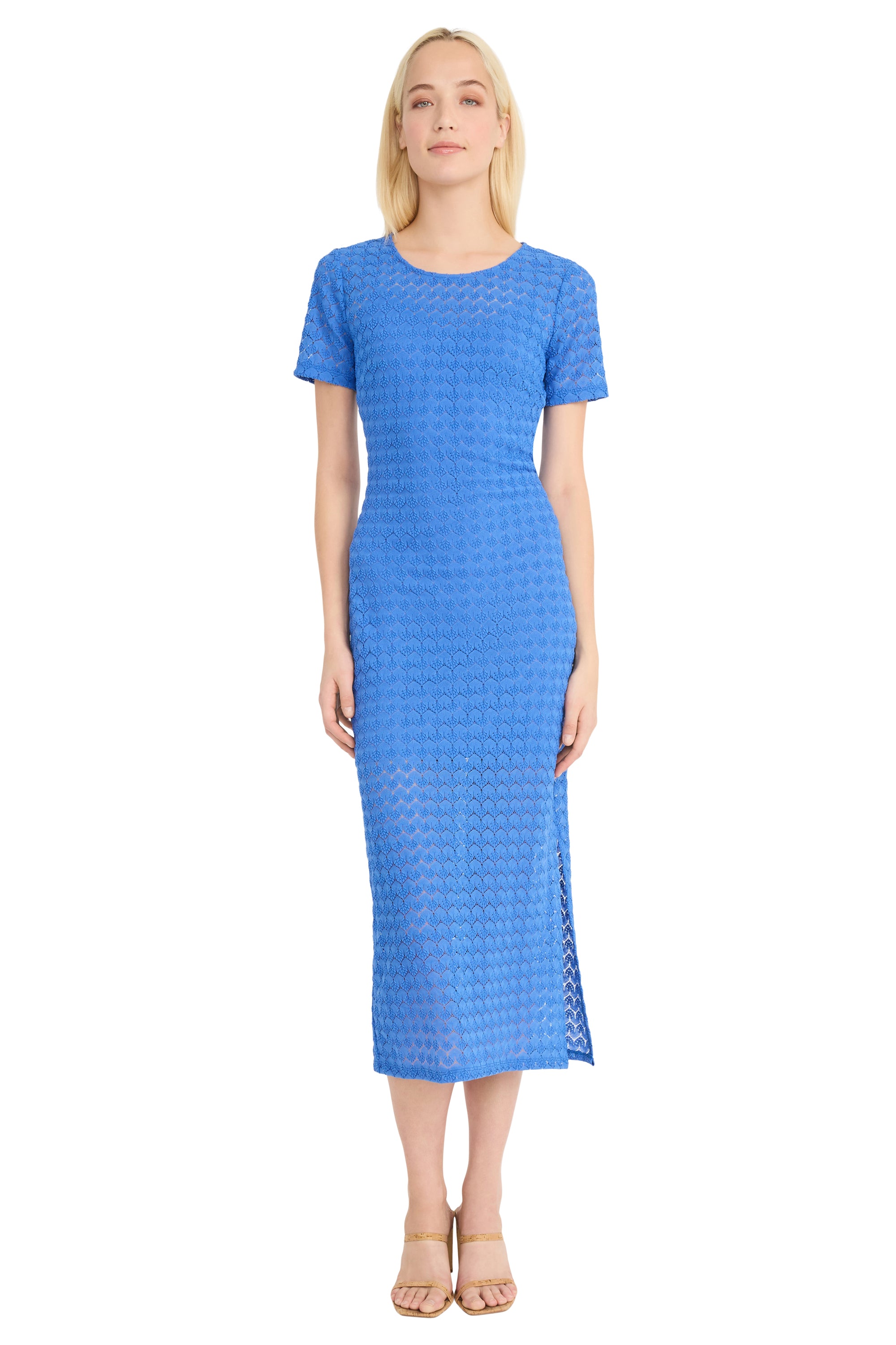 Donna Morgan Short Sleeve Regatta Blue Lace Midi Dress – Elegant & Effortless-Midi Dresses-Donna Morgan-Deja Nu Boutique, Women's Fashion Boutique in Lampasas, Texas
