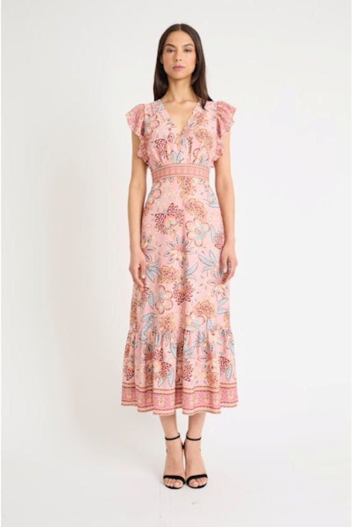 Donna Morgan V-Neck Flutter Sleeve Midi Dress in Blush Pink Mauve-Midi Dresses-Donna Morgan-Deja Nu Boutique, Women's Fashion Boutique in Lampasas, Texas