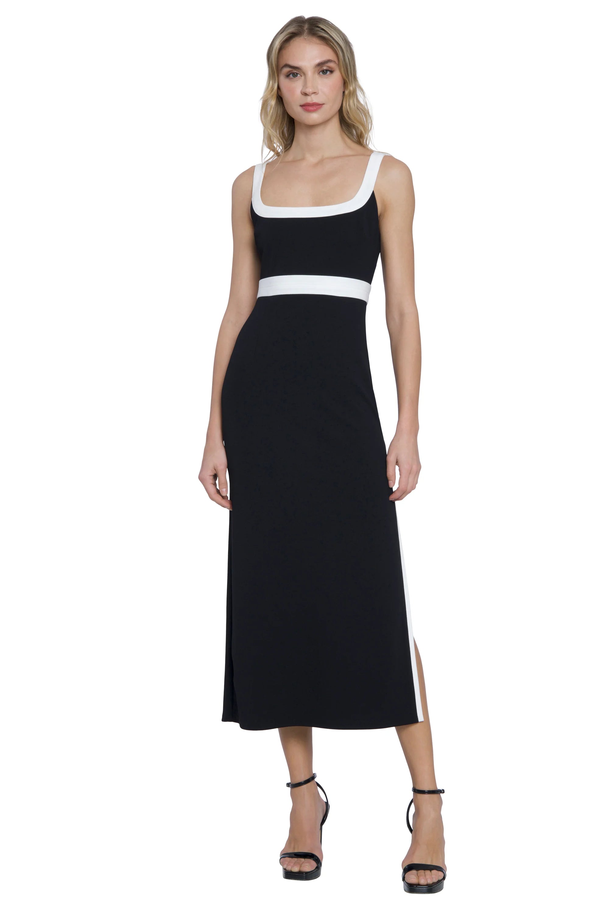 Donna Morgan for Maggy London Eleonora Black Midi Dress with White Accents-Dresses-Donna Morgan-Deja Nu Boutique, Women's Fashion Boutique in Lampasas, Texas