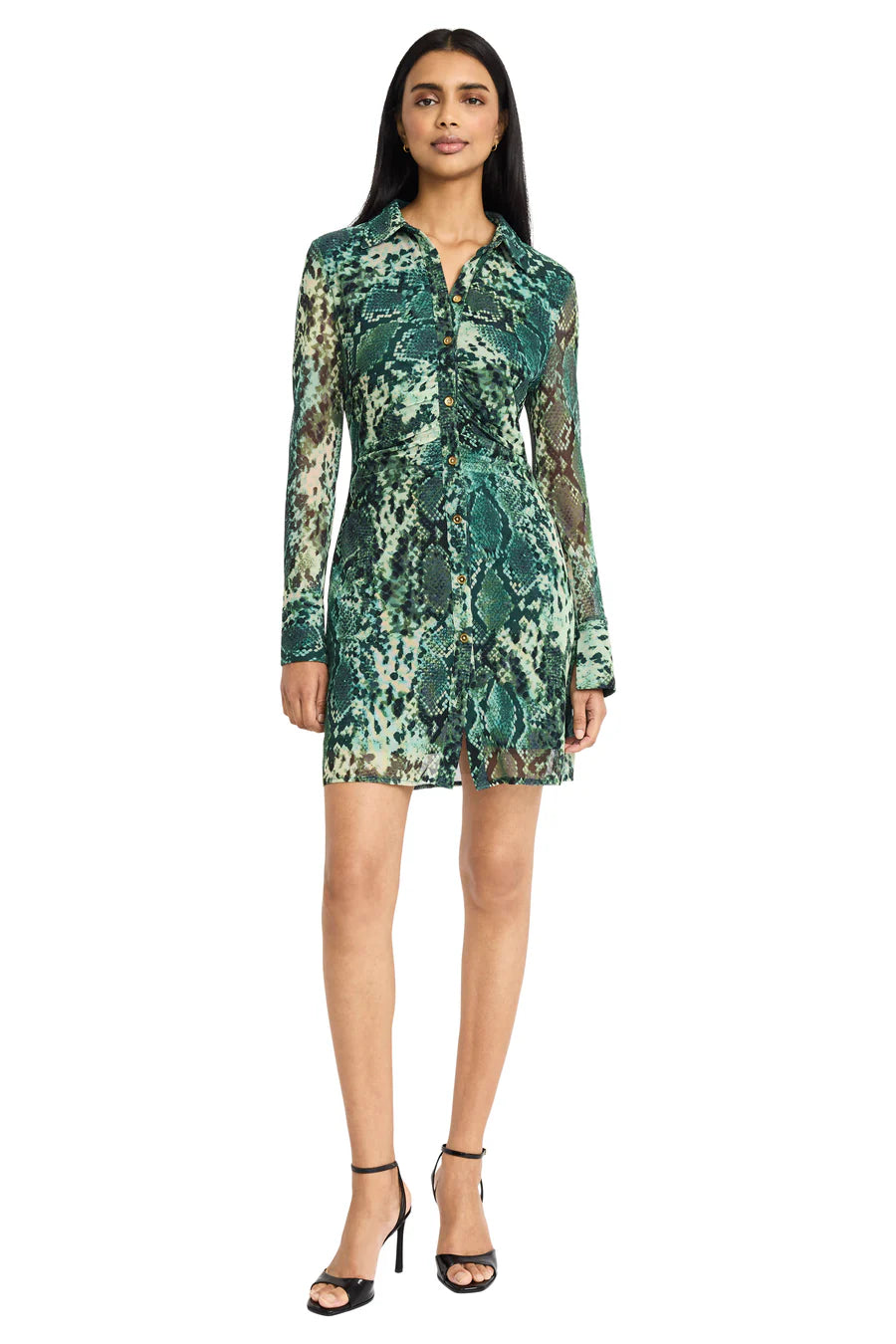 Donna Morgan Isabell Absinthe Green Mini Placket Dress with Front Gathering-Dresses-Donna Morgan-Deja Nu Boutique, Women's Fashion Boutique in Lampasas, Texas