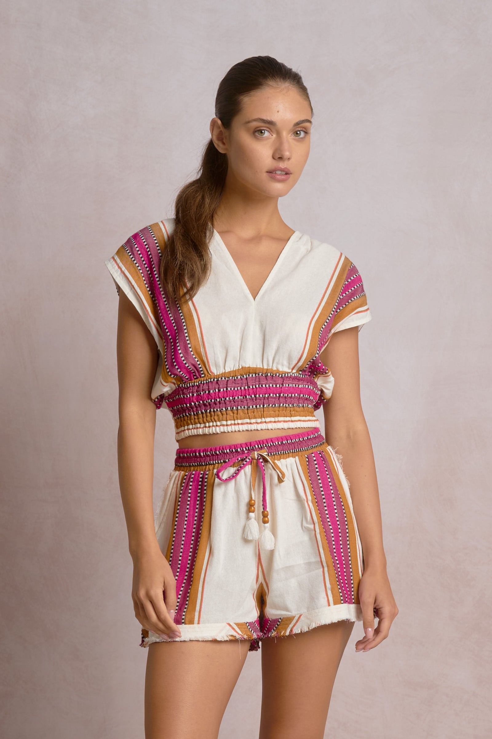 ELAN Natural & Pink Smocked Waist Resort Top-Tops-Elan-Deja Nu Boutique, Women's Fashion Boutique in Lampasas, Texas