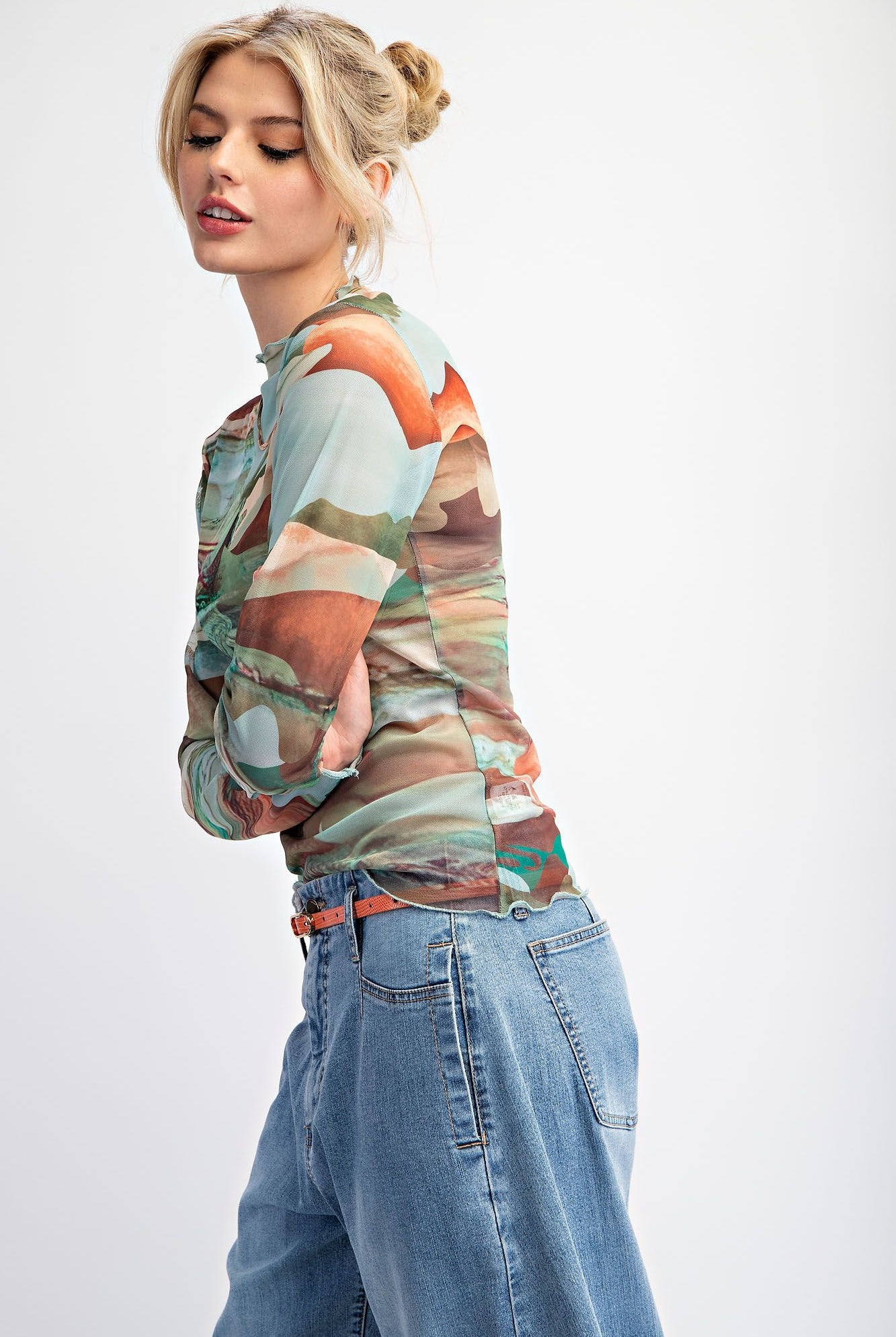 Easel Abstract Print Mesh Fitted Top In Olive Brown-Tops-Easel-Deja Nu Boutique, Women's Fashion Boutique in Lampasas, Texas