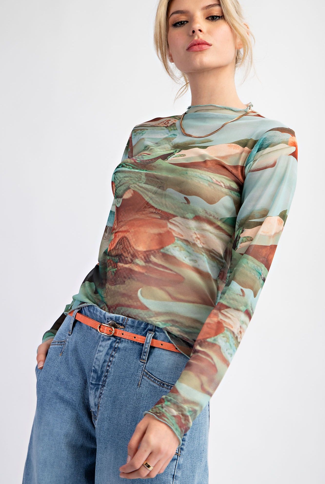 Easel Abstract Print Mesh Fitted Top In Olive Brown-Tops-Easel-Deja Nu Boutique, Women's Fashion Boutique in Lampasas, Texas