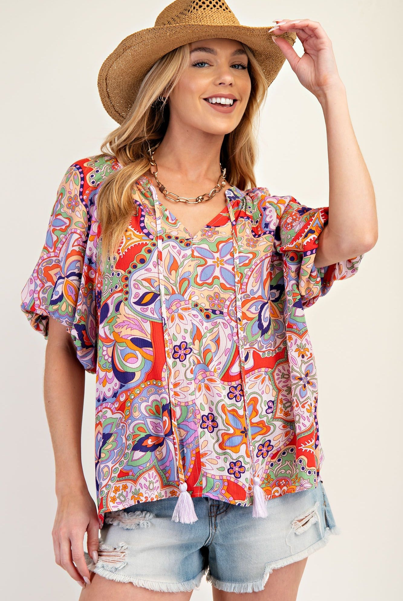 Easel Bohemian Paisley Print Tassel Front Top – Exclusive Design-Tops-Easel-Deja Nu Boutique, Women's Fashion Boutique in Lampasas, Texas