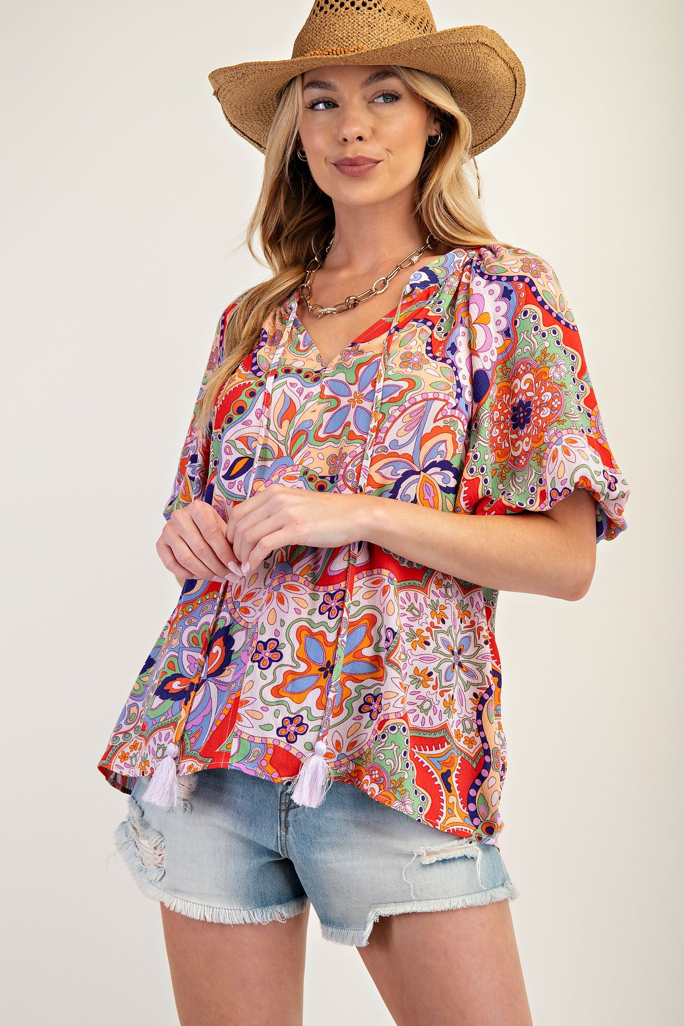 Easel Bohemian Paisley Print Tassel Front Top – Exclusive Design-Tops-Easel-Deja Nu Boutique, Women's Fashion Boutique in Lampasas, Texas