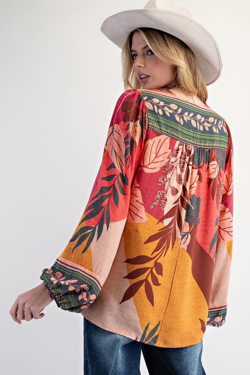 Easel Border Printed Boho Fall Leaves Challis Top – Rose & Green Mix-Tops-Easel-Deja Nu Boutique, Women's Fashion Boutique in Lampasas, Texas