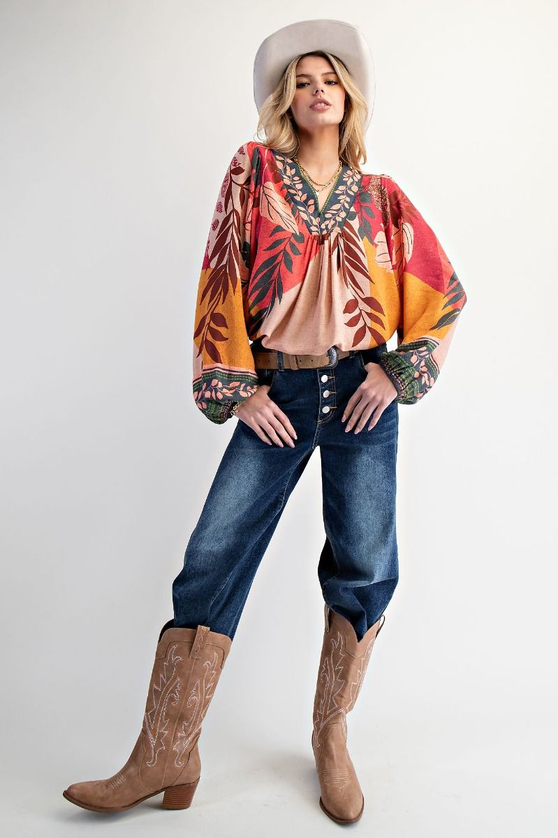 Easel Border Printed Boho Fall Leaves Challis Top – Rose & Green Mix-Tops-Easel-Deja Nu Boutique, Women's Fashion Boutique in Lampasas, Texas