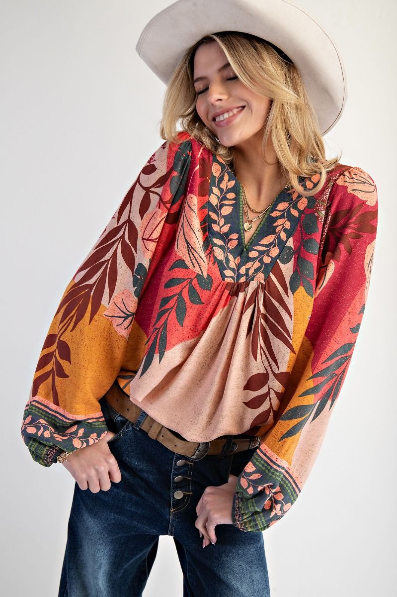 Easel Border Printed Boho Fall Leaves Challis Top – Rose & Green Mix-Tops-Easel-Deja Nu Boutique, Women's Fashion Boutique in Lampasas, Texas