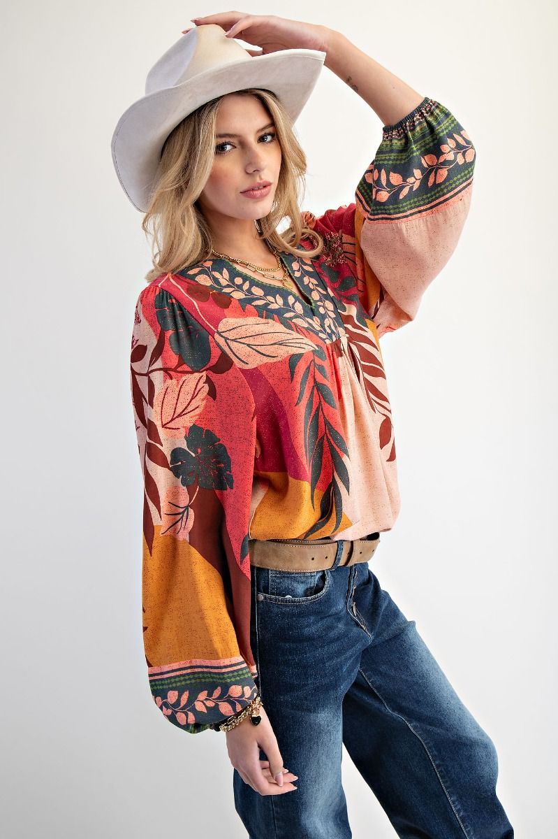 Easel Border Printed Boho Fall Leaves Challis Top – Rose & Green Mix-Tops-Easel-Deja Nu Boutique, Women's Fashion Boutique in Lampasas, Texas