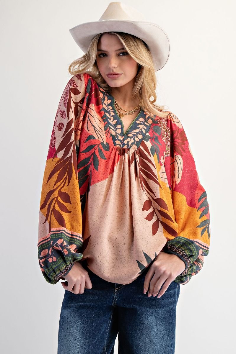 Easel Border Printed Boho Fall Leaves Challis Top – Rose & Green Mix-Tops-Easel-Deja Nu Boutique, Women's Fashion Boutique in Lampasas, Texas