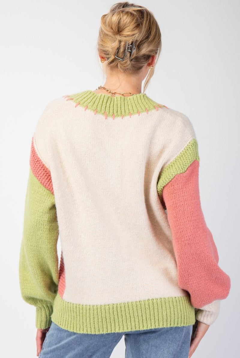 Easel Color Block Knit Pullover Sweater In Oatmeal-Sweaters-Easel-Deja Nu Boutique, Women's Fashion Boutique in Lampasas, Texas