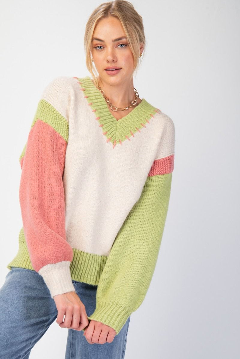 Easel Color Block Knit Pullover Sweater In Oatmeal-Sweaters-Easel-Deja Nu Boutique, Women's Fashion Boutique in Lampasas, Texas