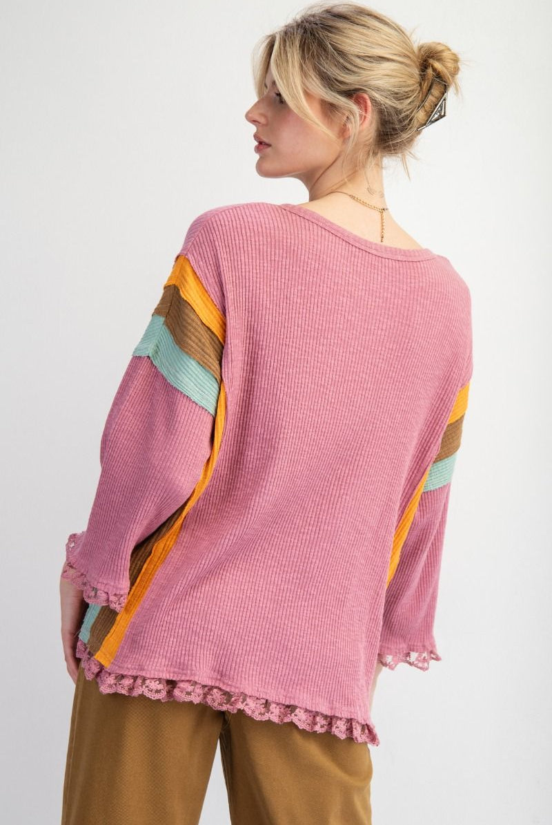 Easel Color Block Rib Knit Top With Lace Bottom Hem In Lipstick Pink Plus-Tops-Easel-Deja Nu Boutique, Women's Fashion Boutique in Lampasas, Texas