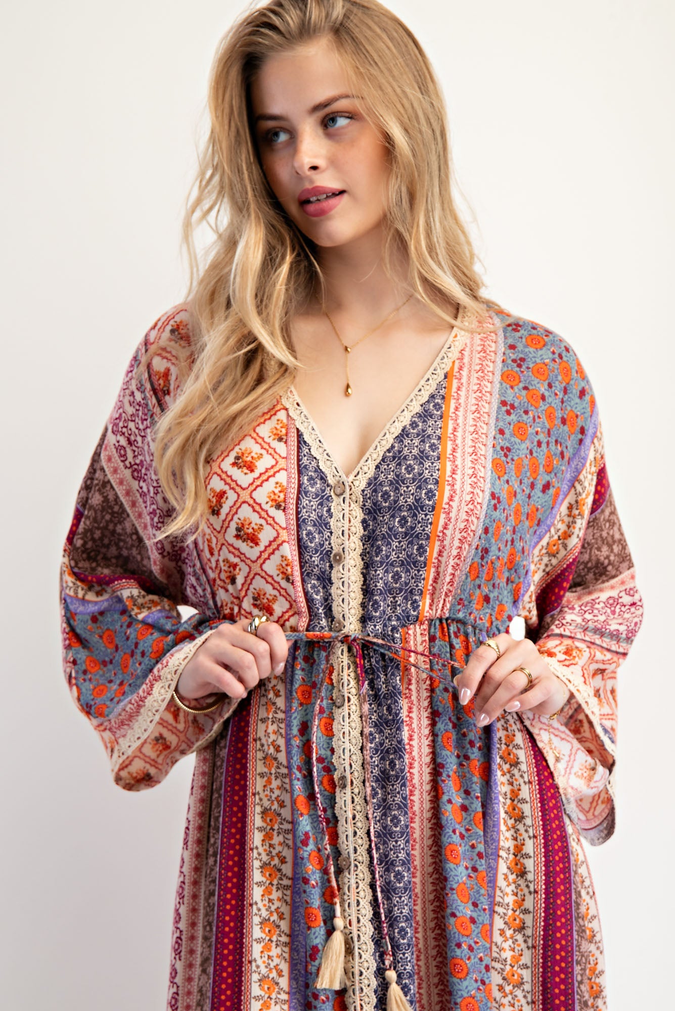 Easel Cream & Blue Printed Bell Sleeve Maxi Duster Dress-Maxi Dresses-Easel-Deja Nu Boutique, Women's Fashion Boutique in Lampasas, Texas