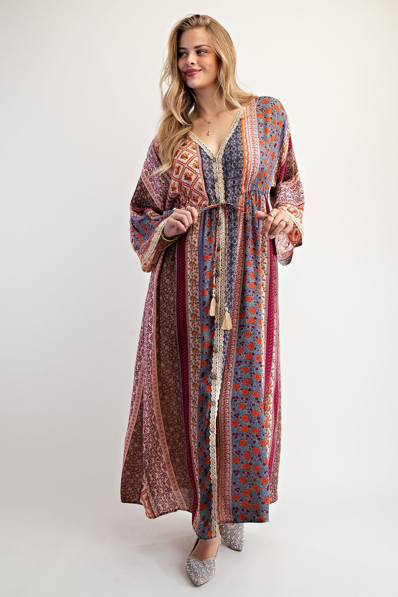 Easel Cream & Blue Printed Bell Sleeve Maxi Duster Dress-Maxi Dresses-Easel-Deja Nu Boutique, Women's Fashion Boutique in Lampasas, Texas