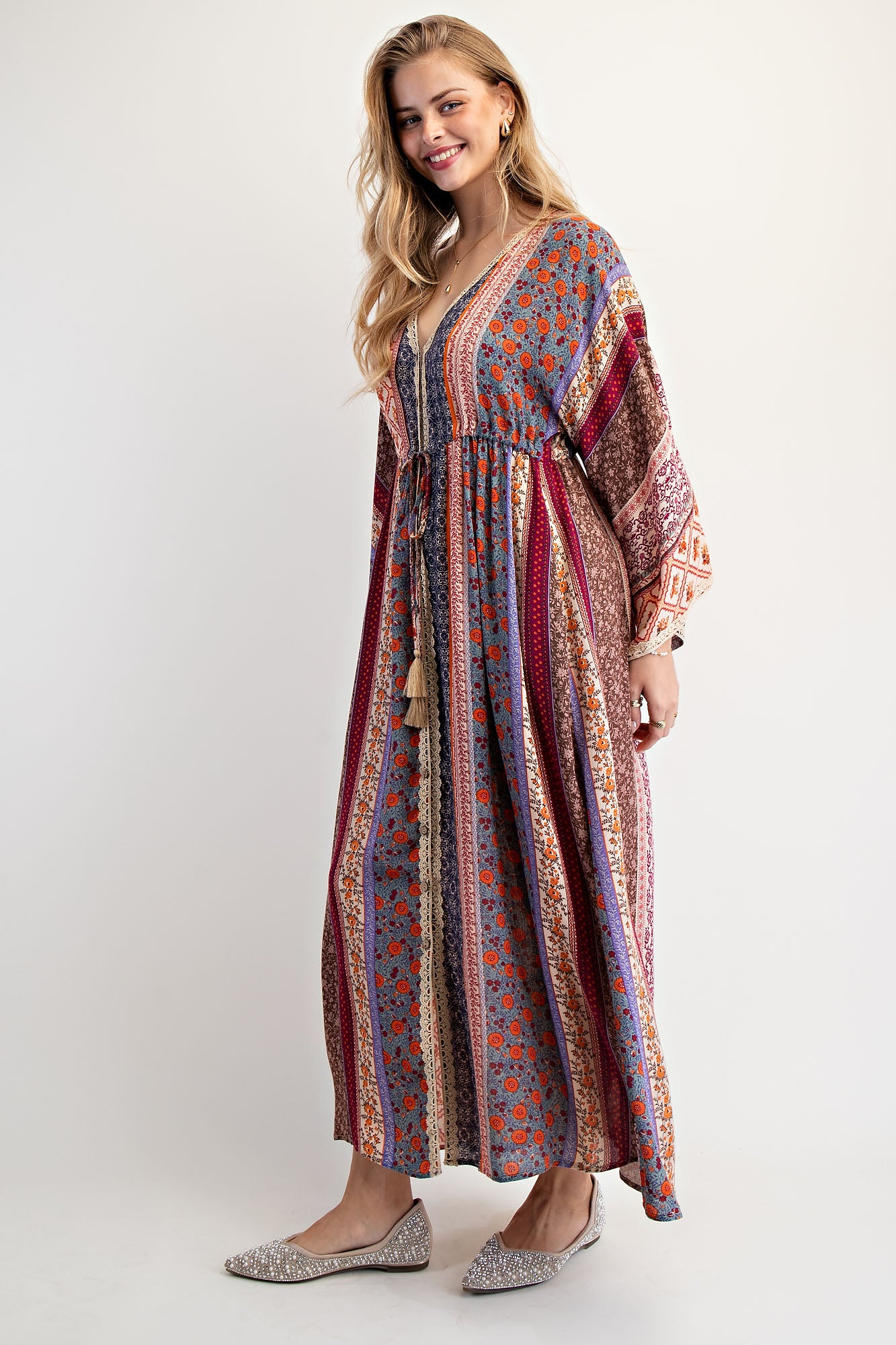 Easel Cream & Blue Printed Bell Sleeve Maxi Duster Dress-Maxi Dresses-Easel-Deja Nu Boutique, Women's Fashion Boutique in Lampasas, Texas