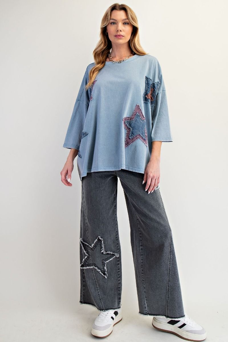 Easel Denim Blue Mineral Wash Star Patch Top-Tops-Easel-Deja Nu Boutique, Women's Fashion Boutique in Lampasas, Texas