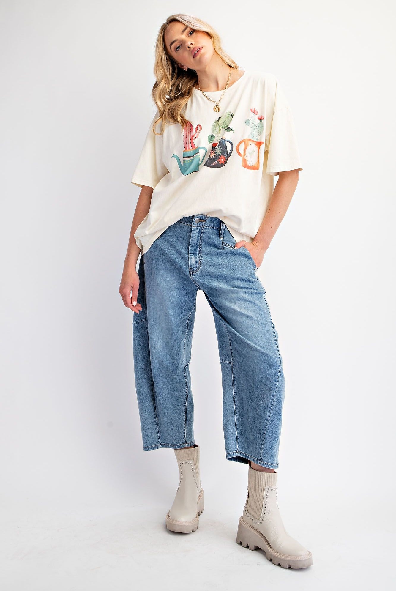 Easel Ecru T-Shirt With Graphic Cactus Planted In Tea Pots-Tops-Easel-Deja Nu Boutique, Women's Fashion Boutique in Lampasas, Texas