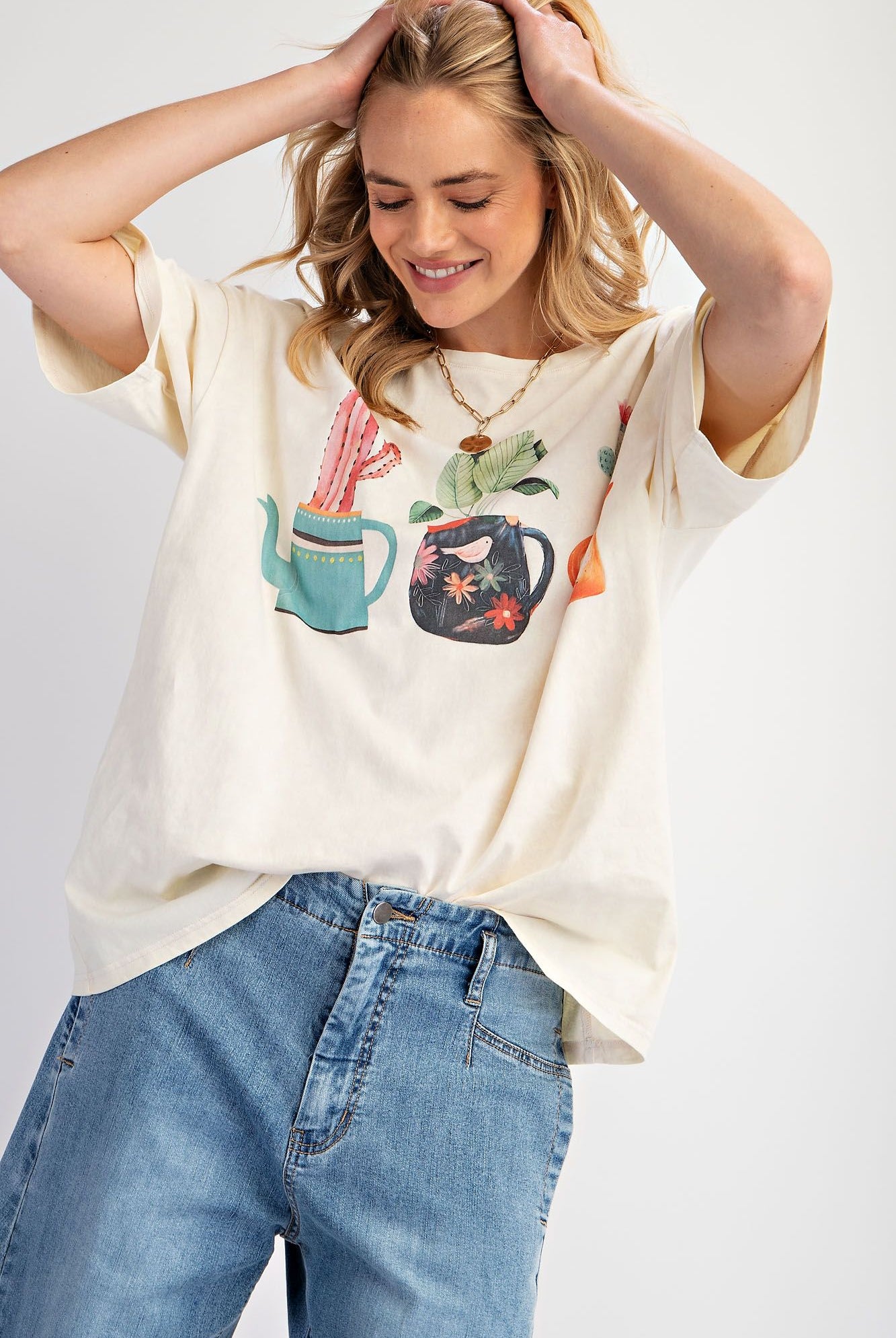 Easel Ecru T-Shirt With Graphic Cactus Planted In Tea Pots-Tops-Easel-Deja Nu Boutique, Women's Fashion Boutique in Lampasas, Texas
