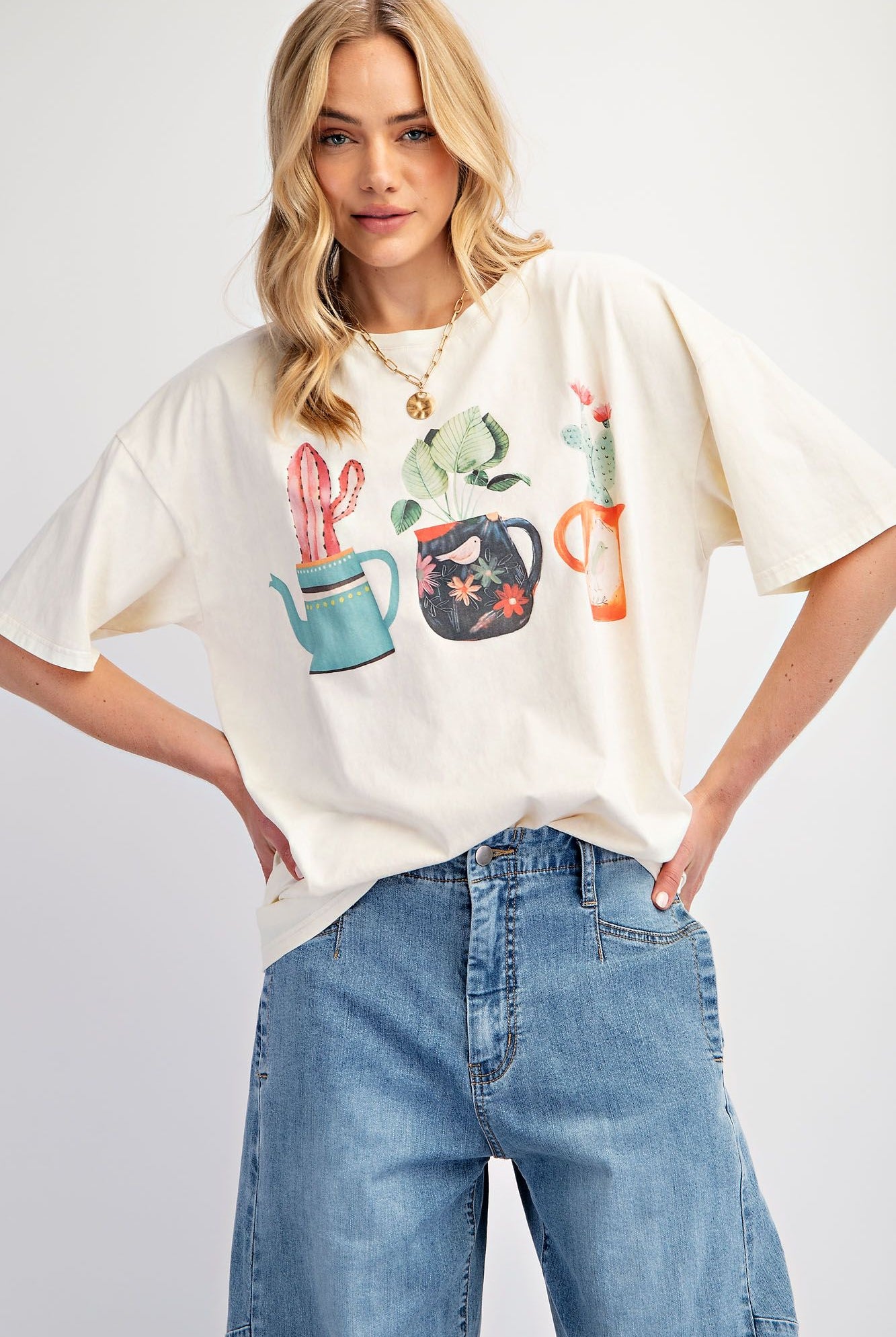 Easel Ecru T-Shirt With Graphic Cactus Planted In Tea Pots-Tops-Easel-Deja Nu Boutique, Women's Fashion Boutique in Lampasas, Texas