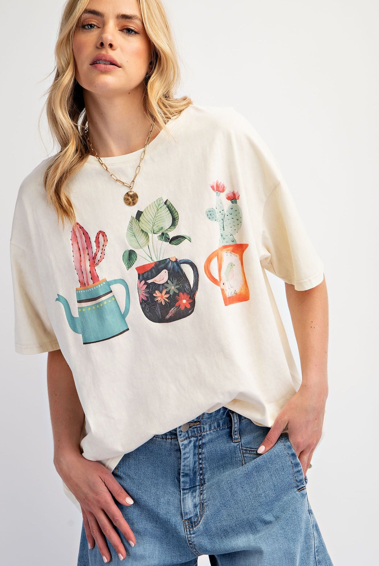 Easel Ecru T-Shirt With Graphic Cactus Planted In Tea Pots-Tops-Easel-Deja Nu Boutique, Women's Fashion Boutique in Lampasas, Texas