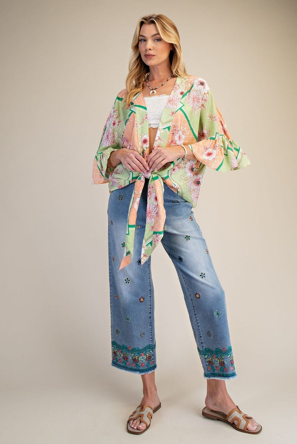 Easel Floral Peach Blossom Kimono Tie Shrug in Sage & Coral-Cardigans & Kimonos-Easel-Deja Nu Boutique, Women's Fashion Boutique in Lampasas, Texas