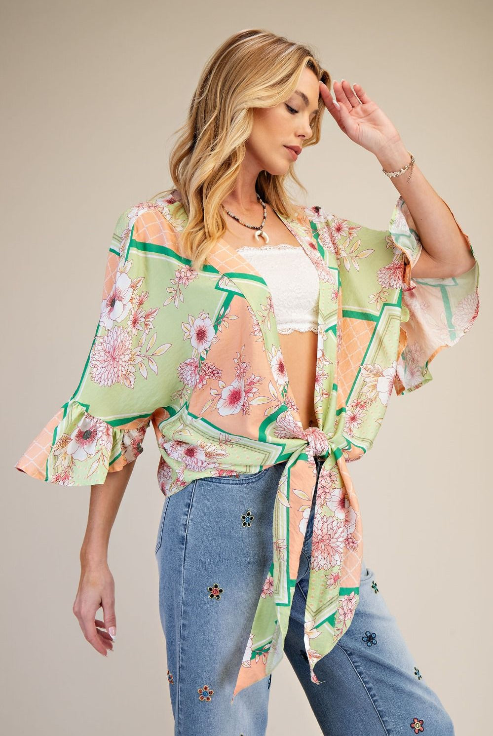 Easel Floral Peach Blossom Kimono Tie Shrug in Sage & Coral-Cardigans & Kimonos-Easel-Deja Nu Boutique, Women's Fashion Boutique in Lampasas, Texas