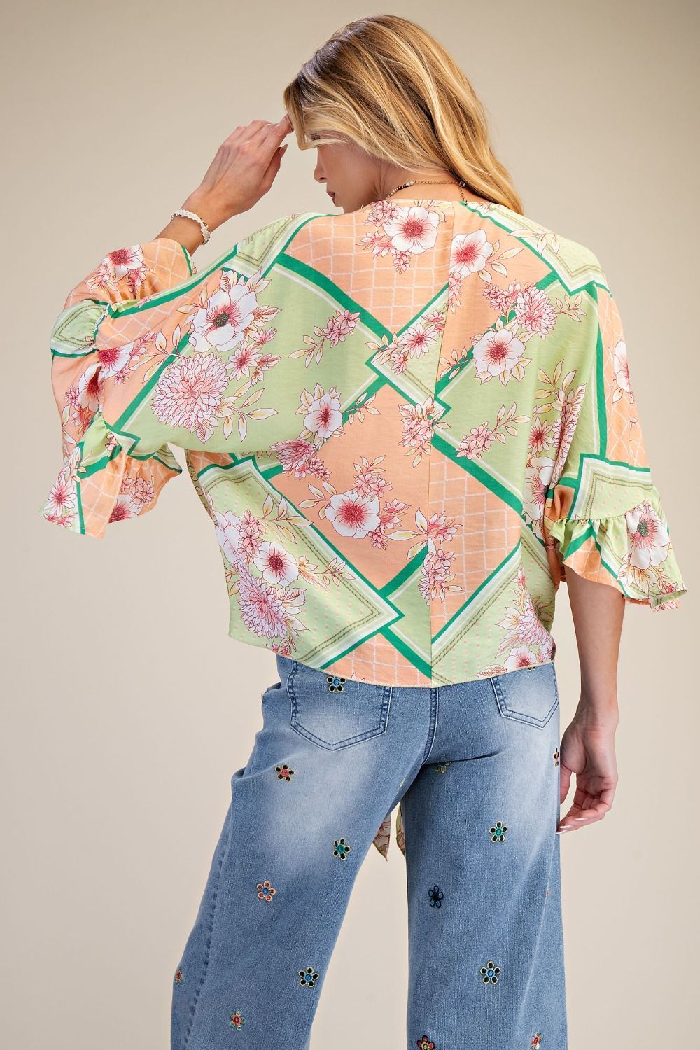 Easel Floral Peach Blossom Kimono Tie Shrug in Sage & Coral-Cardigans & Kimonos-Easel-Deja Nu Boutique, Women's Fashion Boutique in Lampasas, Texas