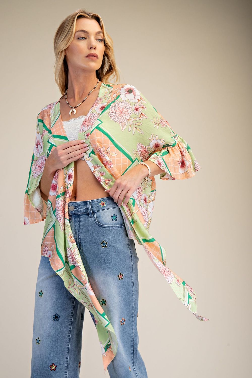 Easel Floral Peach Blossom Kimono Tie Shrug in Sage & Coral-Cardigans & Kimonos-Easel-Deja Nu Boutique, Women's Fashion Boutique in Lampasas, Texas