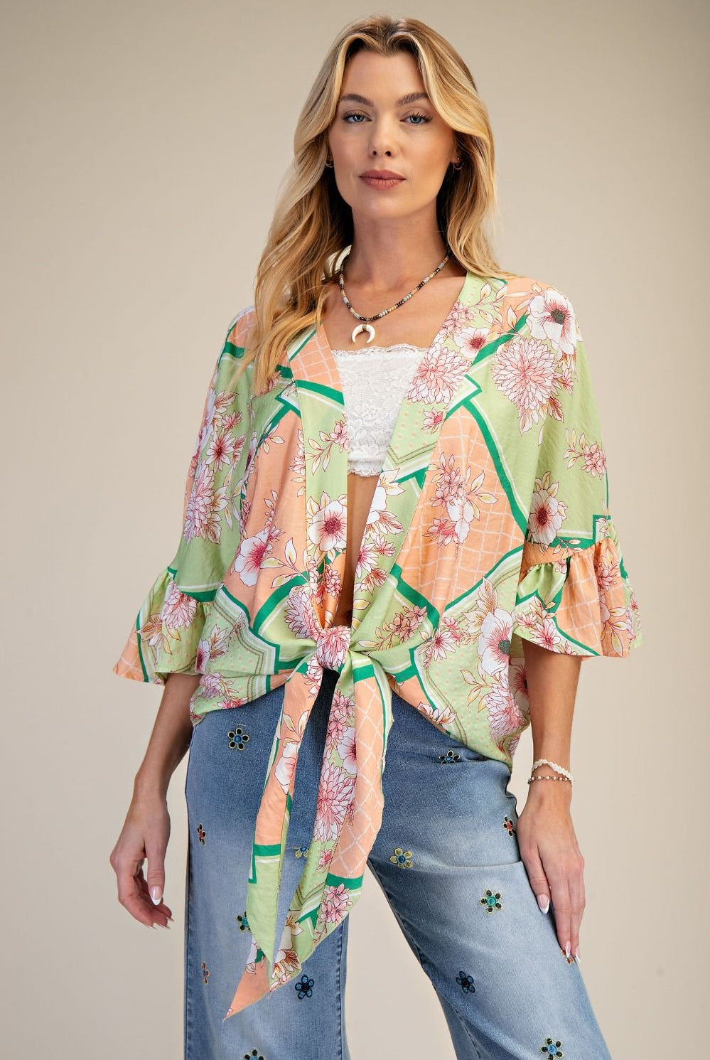 Easel Floral Peach Blossom Kimono Tie Shrug in Sage & Coral-Cardigans & Kimonos-Easel-Deja Nu Boutique, Women's Fashion Boutique in Lampasas, Texas