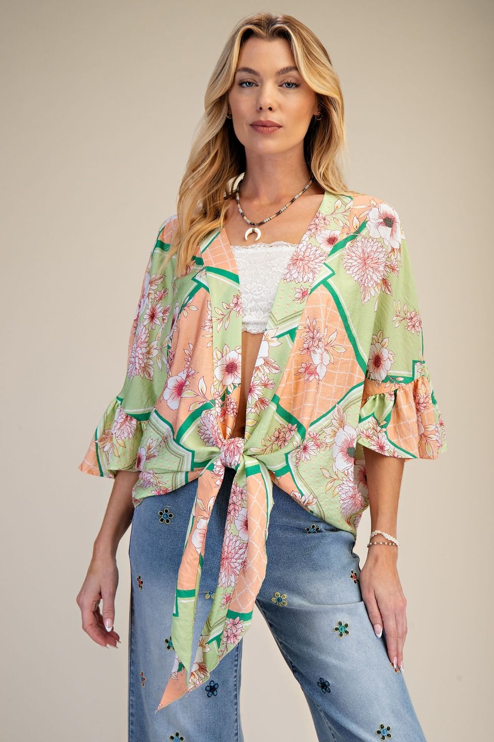 Easel Floral Peach Blossom Kimono Tie Shrug in Sage & Coral-Cardigans & Kimonos-Easel-Deja Nu Boutique, Women's Fashion Boutique in Lampasas, Texas