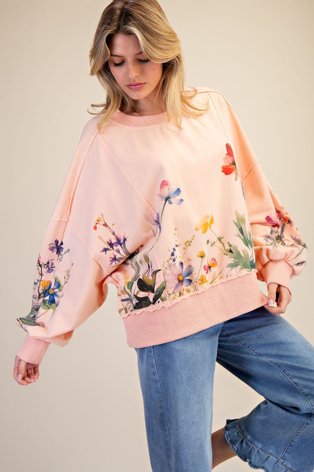Easel Floral Printed Mineral Washed Terry Knit Pullover in Coral-Tops-Easel-Deja Nu Boutique, Women's Fashion Boutique in Lampasas, Texas